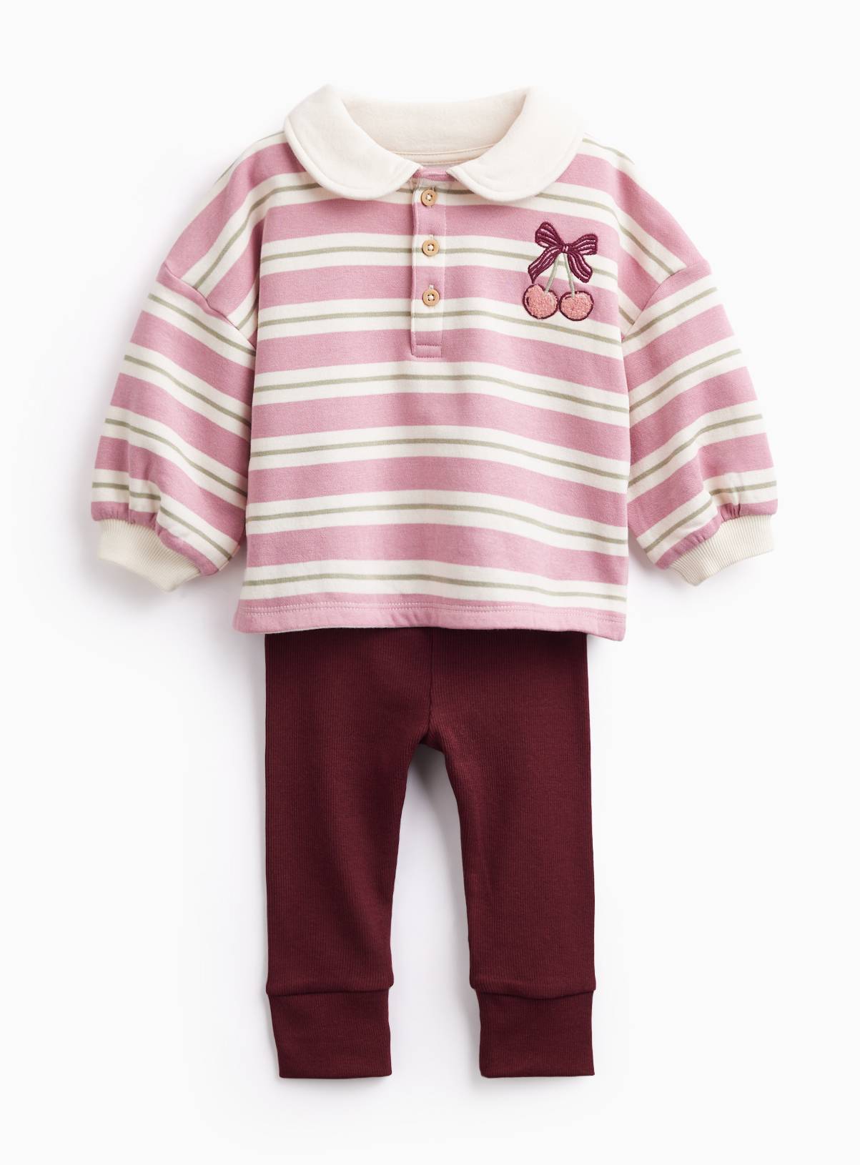 Pink Cherry & Bow Motif Striped Polo & Legging Set 12-18 months - Image 1